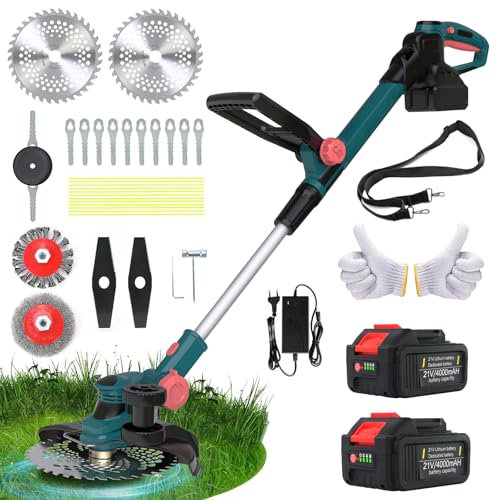 2-in-1 Rasentrimmer mit akku,Rasenkantenschneider mit,6 Klingentypen,750Wbürstenloser Motor,21V Freischneider mit Unkrautbürste,mit 2 Akku 4.0Ah und Ladegerät Teleskop,90°Schwenkbarem Kopf-BIue