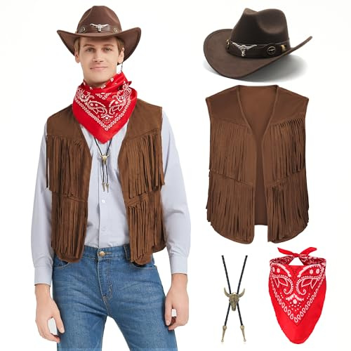 Firecos Cowboy kostym för män cosplay fransväst hatt bandana halsband vintage karneval Hippie kostym set för vuxna