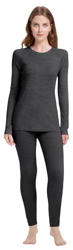 woolcano Women’s Lightweight Merino Thermal Set, 100% Wool Base Layers for Skiing and Outdoors Heather Grey M, 190g/m²