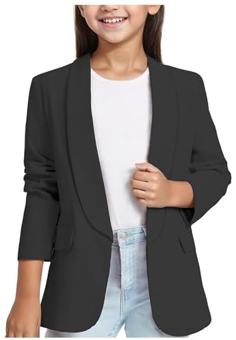 Camiseta de manga larga 140 cuello bufanda, chaqueta formal, chaqueta de traje, parte delantera abierta, bolsillo interior para niños, camiseta de verano para niñas, Negro , 13-14 años
