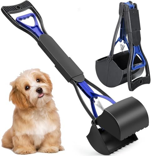 XFLYP Pelle à Déjections, 60cm Ramasse Crotte pour Chien avec Long Manche Solide Pince Dentelée, Pliable Nettoyage Pickup déjections Canines Clip pour Chien et Chat Animal, Déchets(Bleu)