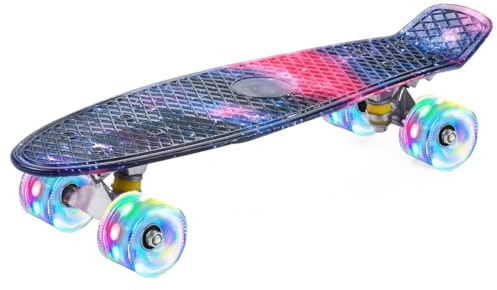 ERNAN Skateboard 22in Mini Cruiser Skateboard Completo retrò per bambini, ragazzi, adolescenti, adulti, principianti, ruote luminose a LED,carico massimo 99,8 kg (Starry Sky)