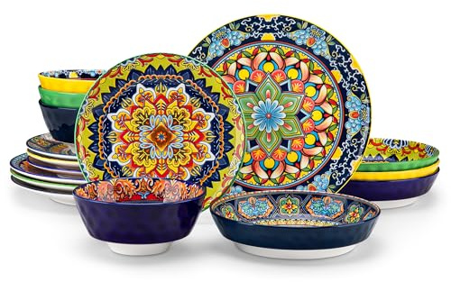 vancasso 16 Pieces Plates and Bowls Set, Bohemian Style Dinnerware Sets Service for 4, Porcelain Boho Dishes Set for Kitchen, Housewaring Gift, Dishwasher and Microwave Safe, Series KRVI