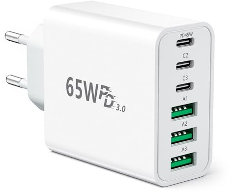 USB C-laddare, 65W 6-port snabbladdare för flera portar, USB-väggladdare, 65W USBC nätdel laddningskontakt, snabb laddning PD45W kompatibel med iPhone 16/15/14/13/12/11/iPad/Galaxy S24/S23/S22/tables
