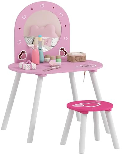 AIYAPLAY Kids Dressing Table with Mirror and Stool, Girls Dressing Table with Heart Design, Children Makeup Desk Chair for Kids Room, Bedroom, Nursery, for Ages 3–6 Years, Pink