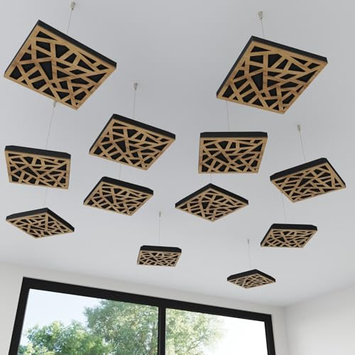 Set di 4 mini pannelli acustici da soffitto | Assorbitore acustico 3D HDF sospeso con kit di sospensione | Decorazione acustica per soffitti | 25×25cm | Colore: [Rovere | SKYROSS-Mini]