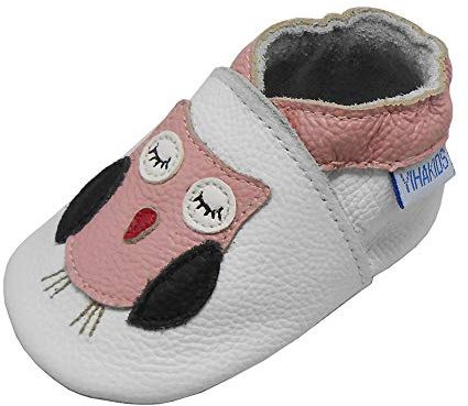 YIHAKIDS Baby Leather Shoes Soft Sole First Walking Moccasins Infants Toddler Boys Girls Crawling Slippers Slip-on Shoes (White Owl, 12-18 Months, Sole Length 5.5in)