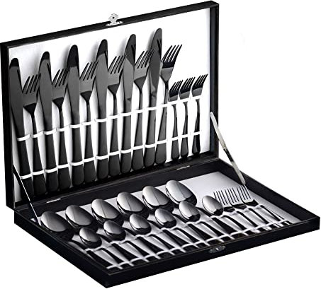 Velaze Besteck Set Schwarz, 18/10 Premium Edelstahl Besteckset 30-teilig, Besteck für 6 Personen mit Geschenkbox, Bestecksets mit Messer, Löffel und Gabel, Spiegelpoliert, Spülmaschinenfest