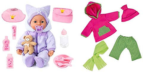 Bayer Design 94694AA, Funktionspuppe, Interaktive Puppe Piccolina Magic Eyes, bewegt den Mund, lila, 46cm & Puppenkleidung für 40-46cm Puppen, Hose, Oberteil, Mütze, Schal, Puppenzubehör, rosa, grün