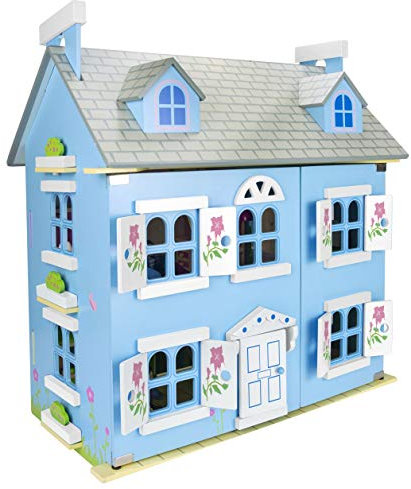 leomark Dream House Casa de Muñecas - de Madera con muñecas, Villa (60 cm - Altura), Equipo Completo, Accesorios adicionales (Azul)
