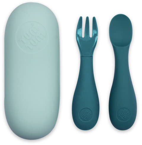 TUM TUM Esslernbesteck mit Hülle - Babybesteck zum Selberessen, 6 Monate +, Blau