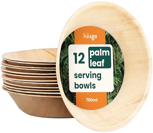 HAAGO 12 cuencos grandes de hoja de palmera compostables y desechables (700 ml, redondos) - Vajilla ecológica para picnic y exterior - Congelador y microondas