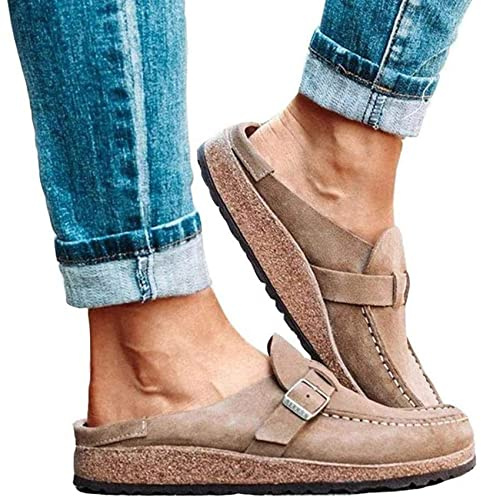 EXECAB Sandalen für Damen Sommer Clogs Wildleder Flache Hausschuhe Geschlossene Zehen Wanderschuhe Damen Bootsschuhe Lässig Flache Fußgewölbe Keilschuhe,Khaki,40