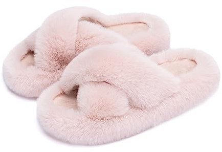 Chantomoo Women's Cross Slippers Memory Foam House Bedroom Slippers for Women Fuzzy Plush Comfy Faux Fur Lined Slide Shoes Anti-Skid Sole Trendy Gift Slippers Pink Size7 8 6.5