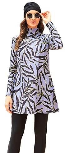 Odizli Mujer Musulmana Manga Larga Estampado Tops + Pantalones + Gorro de Natación 3 Piezas Burkini Traje de Baño de Cuerpo Completo, Gris #A, XXL