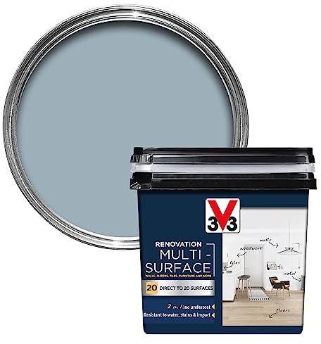 V33 Renovation Multi-Surface Paint - No Undercoat Needed - Over 20 Surfaces - Resistance To Water Stains & Impact - High Coverage - Grey Blue Satin 750ml