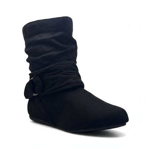 ABSOLEX Women Suede Fashion Slouch Mid Calf Low Heel Casual Slip On Ankle Bootie, Black, 6.5