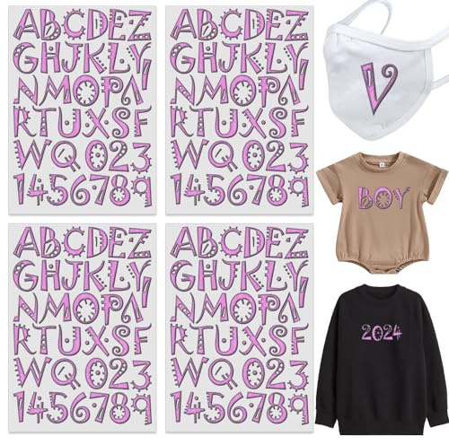 Yiootop 144 Piece Cute 1.8 Inch Iron On Heat Transfer Letters and Numbers Alphabets Fabric Vinyl DIY for Sport Jerseys T Shirts Clothes Slogan Printing Crafts Decoration (4 Sheets per Set) (Color 4)