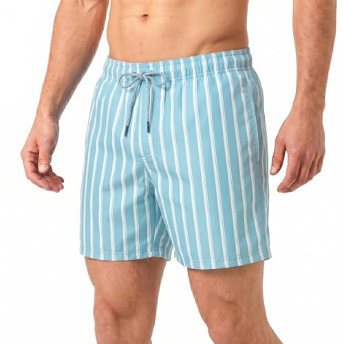 RIPT Essentials Bañador para Hombre Shorts de Baño con Protección Solar UV 50 de Secado Rápido, Estampado de Rayas Azul Claro, L