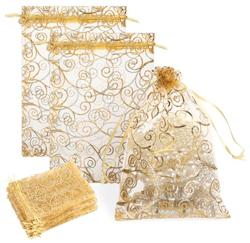 50 Stück Organzasäckchen 13x20 cm Gold Organzabeutel mit Kordelzug Organza Säckchen Geschenkbeutel Kleine Säckchen Organzasäckchen Weihnachten Kleine Geschenktüten Kleine Tüten für Süßigkeiten Schmuck