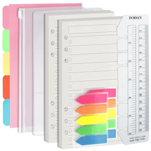 Harphia Juego de recambio de carpeta A6 de 6 agujeros, 90 hojas de papel de hojas sueltas con calcomanías y divisores, insertos de planificador con bolsillos para carpeta para cuaderno recargable