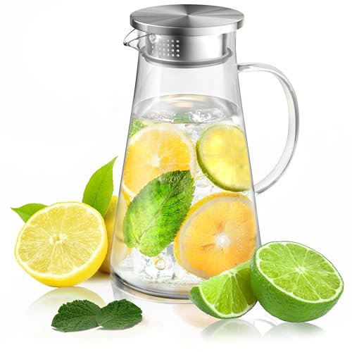Arendo - Wasserkaraffe 2 Liter - 2000 ml - Karaffe aus Glas mit Deckel - Glaskaraffe aus lebensmittelechtem Edelstahl – Borosilikatglas hitzebeständig bis 100 °C – Sieb - hitze- und kältebeständig