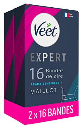 Veet EXPERT - 16 Bandes de Cire Froide Maillot - Peaux Sensibles - Finition Parfaite - Epilation Longue Durée (Lot de 2)