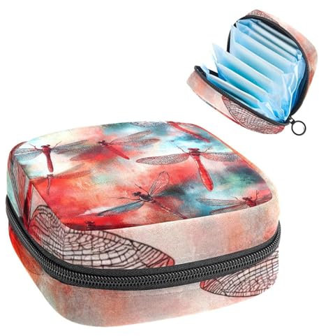 Red Dragonflies with Red Blue and Green Watercolor Paint Sanitary Napkin Storage Bag, Large Menstrual Cup Pouch with Zipper, Period Pads Bag Store Panty Liners Tampons for Girls Women