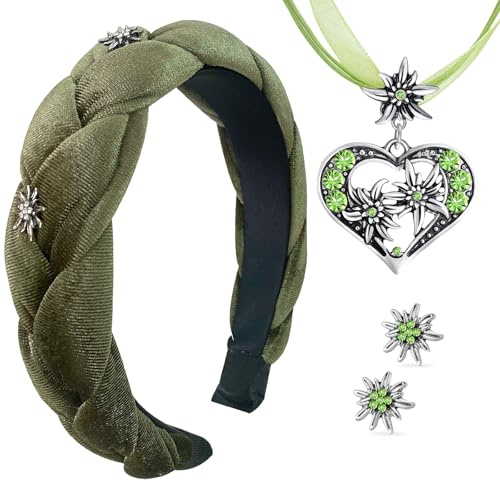 WWISTOA Cerchietto per capelli in velluto verde, Dirndl, da donna, 3 pezzi gioielli tradizionali tradizionali con stella alpina, collana e orecchini per costume tradizionale Dirndl, accessori per