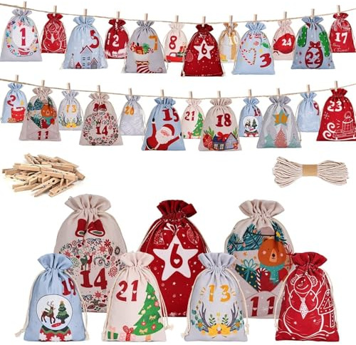 Calendario Avvento Fai da Te 2025 Sacchetti Calendario Avvento con 12 Sacchetti Regalo10 x 14,5 cm + 12 sacchetti regalo 13 x 18.5 cm + 24 mollette Legno + 1 Rotolo di corda di cotone 10 m