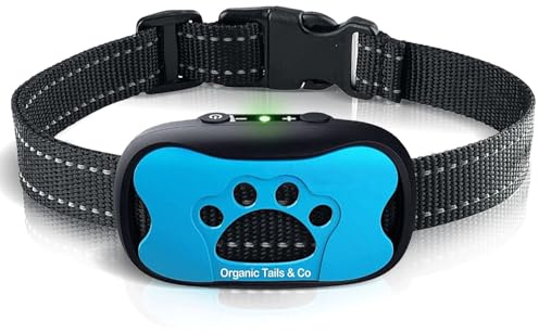 Organic Tails & Co Anti-Bark Collar for Dogs - Humane Beep & Vibration Training, 6 Sensitivity Levels, Smart Bark Detection, Long Battery Life, Adjustable Strap (Blue)