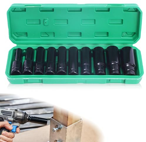 11 st slagnyckel, nötter set 1/2 tum, långa hylsor set sexkantiga uttag 10–24 mm slagnusset 1/2 hylsnyckelsats med uttag adapter för reparation och underhåll