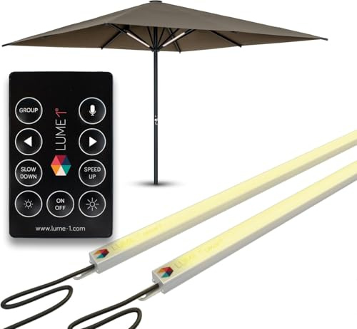 Iluminación para sombrillas Lume1 con mando a distancia, lámparas para gastronomía, 2 tiras LED, blanco cálido con 1000 lúmenes, 2700 kelvin, iluminación agradable, batería incluida