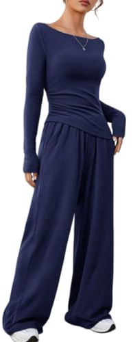 DURINM Chándal de dos piezas para mujer otoño traje de manga Invierno Punto Mujer Conjunto de Salón de Manga Larga Color Sólido Conjunto Vestir con bolsillos