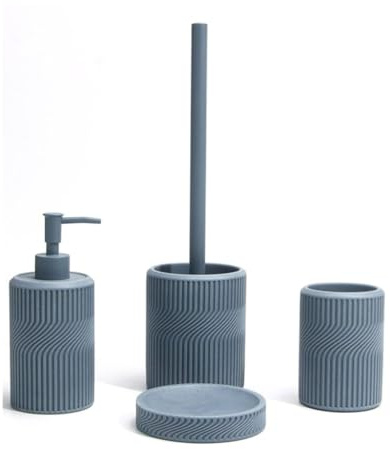 Set Accessori Bagno 4 Pezzi in Resina – Dispenser Sapone, Bicchiere, Portaspazzolino, Porta Spazzolone WC – Design Moderno Opaco Antiscivolo, Colore Blu Grigio con Linee Curve, Elegante e Resistente