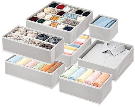 MAIJIAJU 12 Pack Drawer Organiser, Drawer Dividers, Wardrobe Storage Boxes, Foldable Fabric Storage Cubes, 76 Grids Underwear Sock Container for Baby Clothing Bras Ties Scarves Towels, Grey