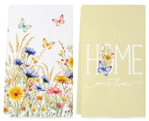 Spring Kitchen Towels, Colorful Floral Wild Flowers Butterfly Spring Dish Towels 18x26 Inch Sweet Home Watercolor Seasonal Summer Home Party Decor Drying Dishcloth Kitchen Hand Towels Set of 2