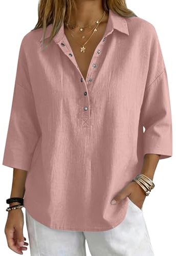 Generico Magliette Basic Donna, Maglietta Manica 3/4 T Shirt Cotone Scollo A V Elegante Lino Top Blusa Oversize Estive T Shirt Donna Curvy
