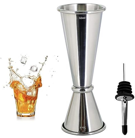 FAHIYAKU Stile doppio Jigger per cocktail - 304 in acciaio inox 30 ml, 60 ml con Tappo Versatore, per bar casa barista feste bevande di vino (argento)