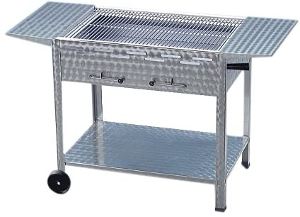 BSR-Grillen Holzkohlegrill Grillwagen aus Edelstahl mit Rollen 114x53x80 cm Grillfläche 108x47 cm ideal für Privat Verein Catering Gastronomie (Grillrost Edelstahl zerlegbar + Seitenablagen)