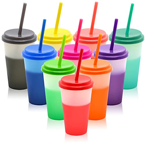 FIEKEICC Color Changing Cups 10Pcs 12oz Plastic Tumblers With Lids and Straws for Iced Coffee Smoothie - Reusable Leak Proof Party Cups for Kids