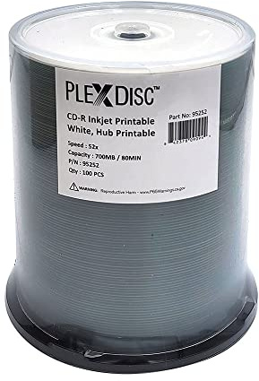 PlexDisc 95252 CD-R 700MB 52X White Inkjet Hub Printable - 100pk Spindle Frustration Free Packaging, 100 Discs