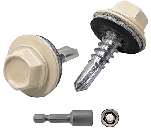 SKIR'CO (200 stycken) Takskruvar i metall, 4,8 x 19 mm målade självborrande med EPDM-brickor, sexkantigt huvud (elfenben RAL 1015)