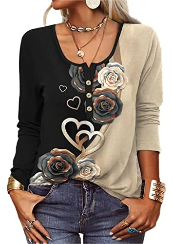 GRMLRPT T-Shirt col V Blouses à Manches Longues pour Femmes Imprimé Tunique Tops Lâche Chemisier T-Shirts pour Femmes Sweat-Shirt Tuniques Basiques Haut Automne(Noir,XXL)