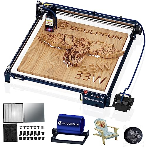 SCULPFUN S30 Ultra 33W Cortadora láser con Mesa de nido de abeja SCULPFUN 600 x 600 mm, Rodillo rotativo láser SCULPFUN, Máquina de grabado láser para bricolaje Grandes cortes de madera contrachapada