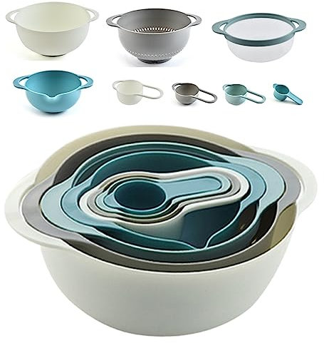 Rührschüssel 8er-Set, Rührschüssel set, rutschfest Mit 2 x Rührschüssel,1 x Netzsieb,4 x Messbecher,1x Sieb,Stapelbar Servierschalen,Messbecher-Set,Multifunktionsmisch schüssel für Küche (Blau)
