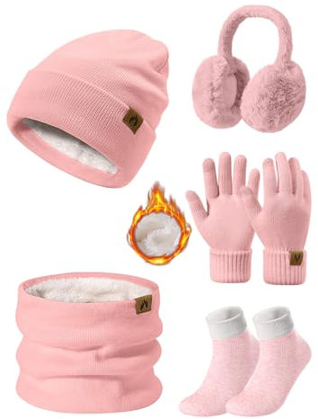 UMIPUBO Stickad mössa och halsduk set 5 st termiska vinterset varma plysch öronvärmare stickad halsduk mössa hatt och pekskärm handskar set skidor kvinnor utflykt öronmuffar strumpor set för