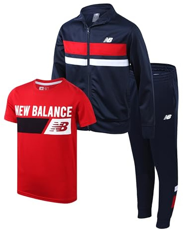 New Balance Boys Sweat Suit Set - 3 Piece Short Sleeve Graphic Tee, Zip Up Jacket, Tricot Jogger Sweatpants for Boys (2T-16), Size 4, Indigo