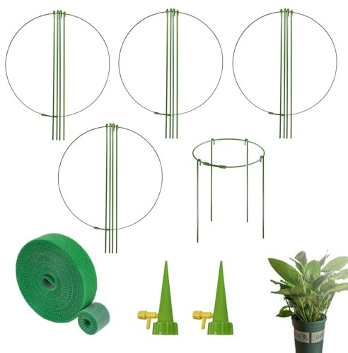4 Stück, Pflanzenringe Rund, Pflanze Stützpfähle,Pflanzenhalter Ringkäfig, Metall Garden Stützring, Robust und langlebig, Frei einstellbar, Mit 2 Automatisch Bewässerung 1 Metern Ties