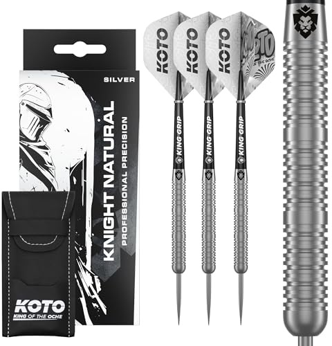 KOTO – Riddare natural, 80 % volfram 24 G, räfflat handtag, dartpilar | 24 G ståldart pilar, inkl. 3 fat, 3 pilar och 3 axlar, mässingshaft, silver, rak